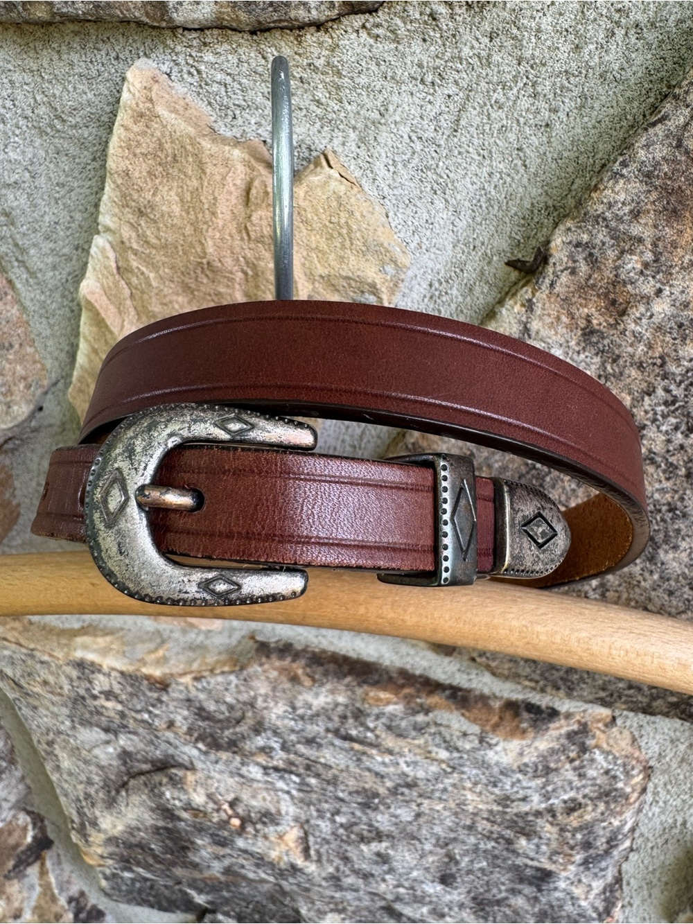 Vintage Leggin Slim Brown Leather Belt Western Silver Tone Buckle USA XS